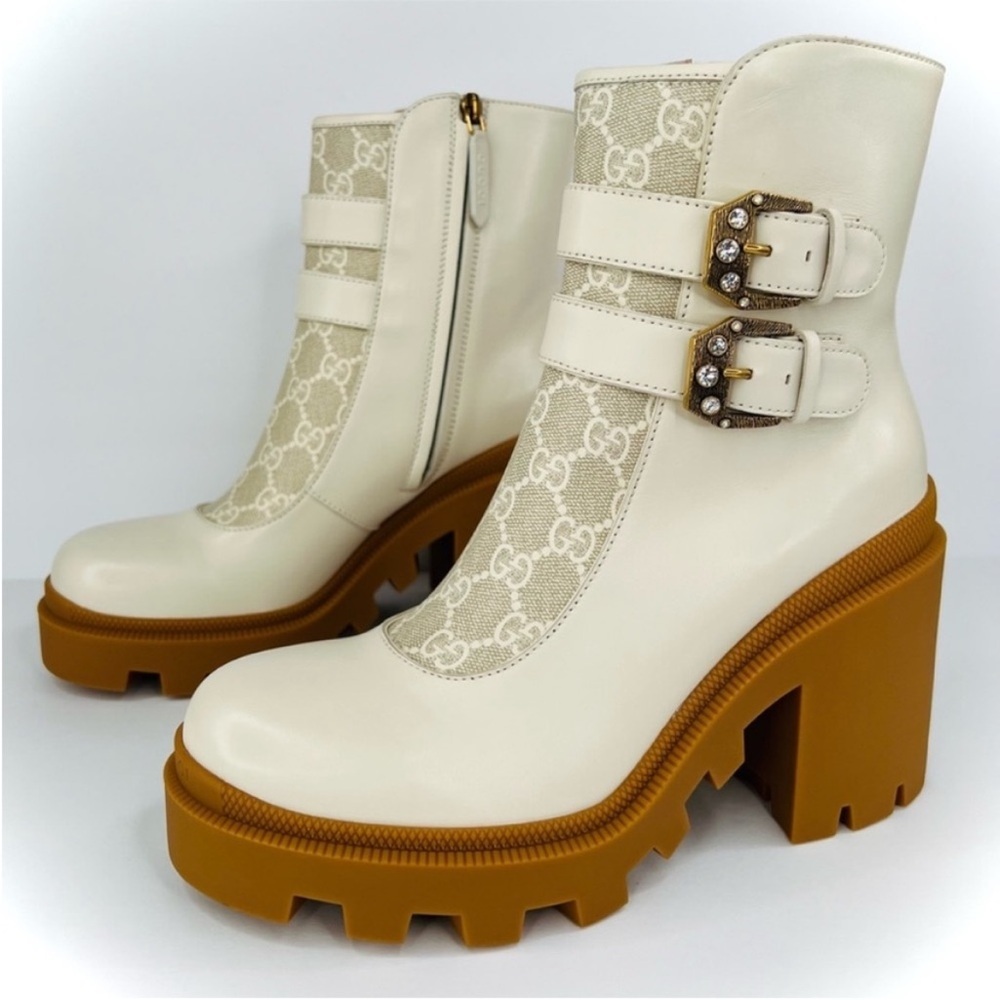 GUCCI Kensington GG Supreme Leather Crystal Buckle Platform Ankle Boots EU 41 - Picture 13 of 13